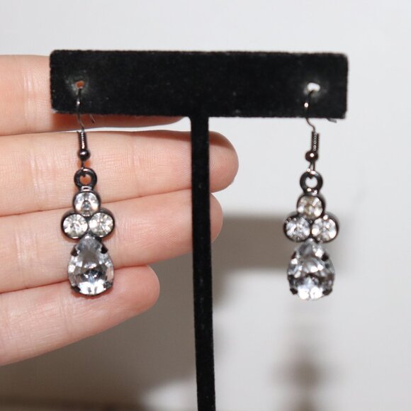 NWoT Sparkling Gunmetal & Rhinestone Dangle Earrings | 1.75" | French Hook - Picture 2 of 7